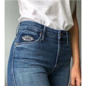 MOTHER High Waist Double Looker Ankle Fray Jean Fruit Carts Eye Embroidered 29